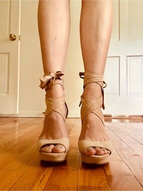 Wild Diva Tan Lace-Up Platform Heels